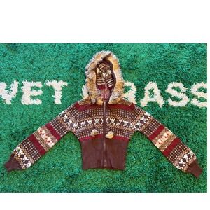 Romwe Skull Fair Isle Hoodie Women XS Brown Excellent Faux Fur Trim Cropped Zip